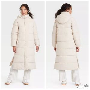 NWT Women's A New Day Cozy Hooded Duvet Long Puffer Jacket Coat - Cream 2024